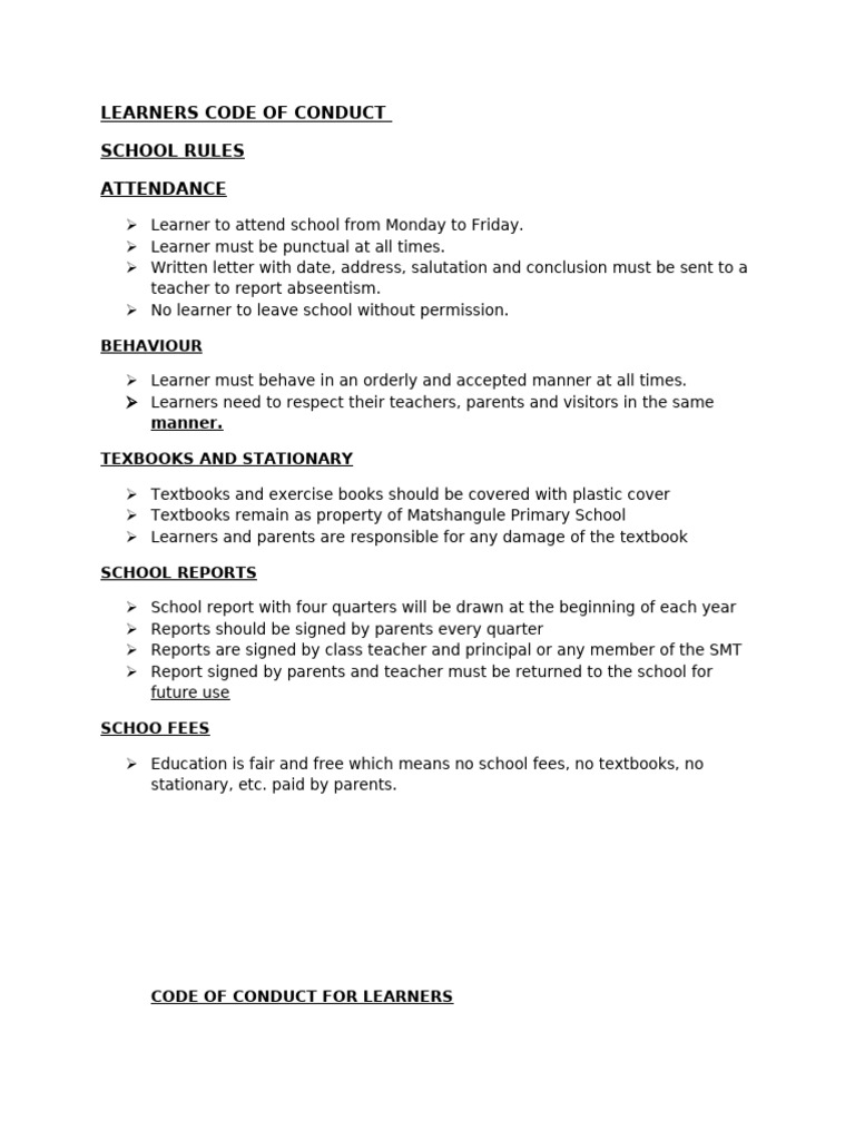 Code of Conduct For Learners. - 2018 | PDF | Intimidation | Harassment