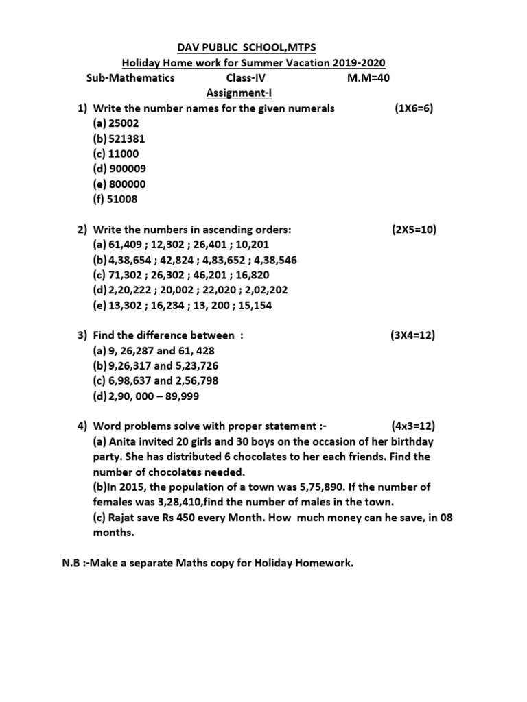 Class IV Mathematics Holiday Homework | PDF | Multiplication | Mathematics