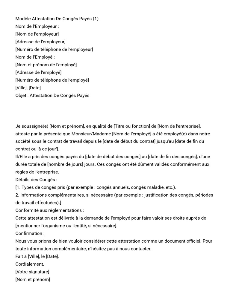 Mod le D Attestation De Cong s Pay s PDF