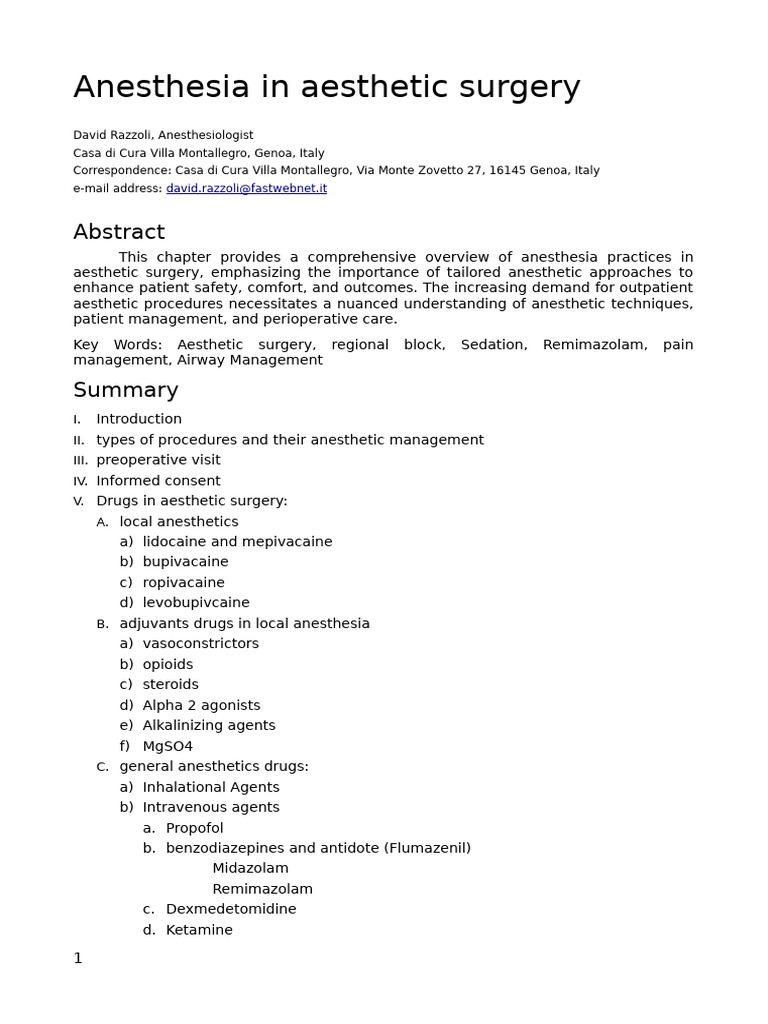 Anesthesia Techniques in Aesthetic Surgery | PDF | Anesthesia | Surgery