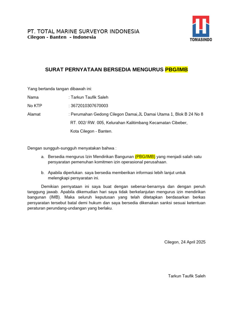 Surat Pernyataan Pengurusan PBG/IMB | PDF