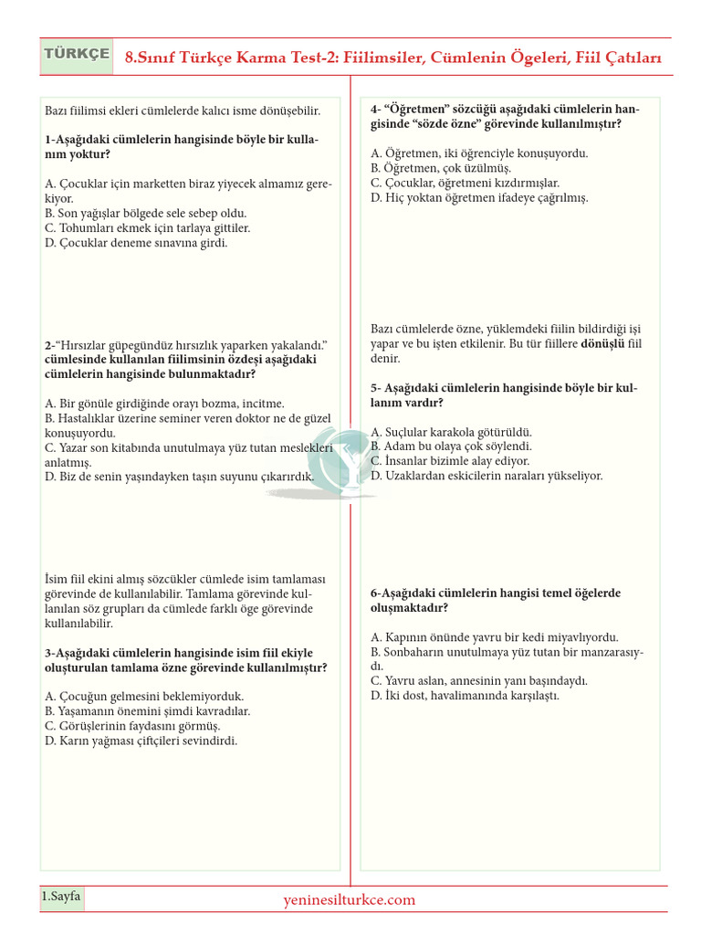 Karma Test 2fiilimsi Cumlenin Ogeleri Fiil Catilari | PDF