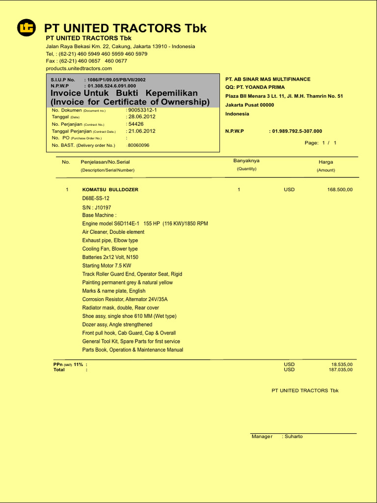 Invoice for Komatsu Bulldozer Purchase | PDF | Land Vehicles