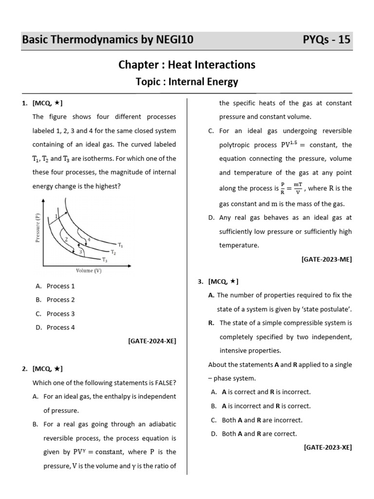 Internal Energy and Thermodynamics MCQs | PDF | Enthalpy | Gases