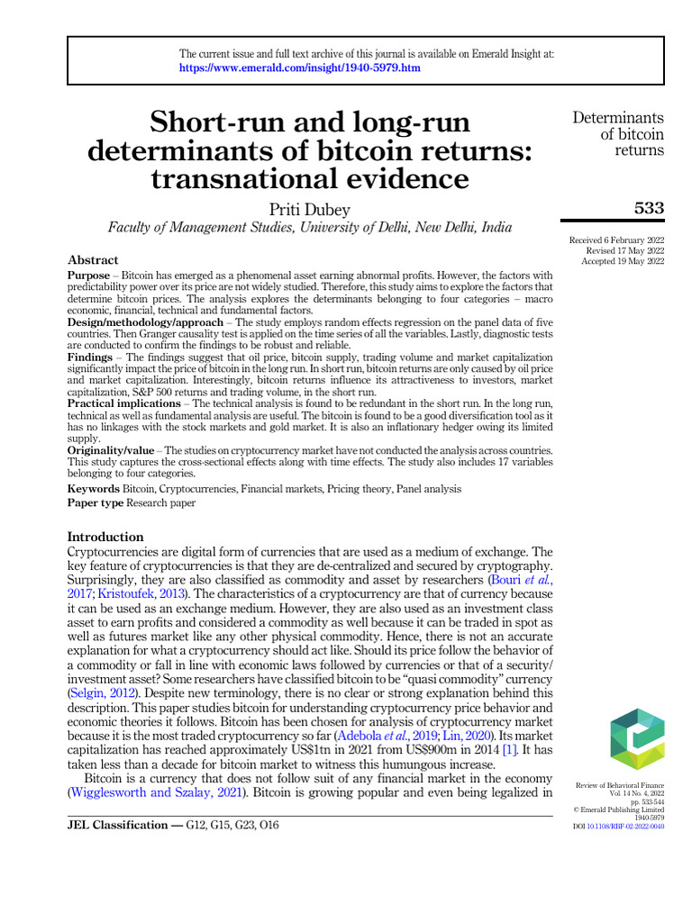 Example Paper - Short-Run and Long-Run Determinants of Bitcoin Returns ...