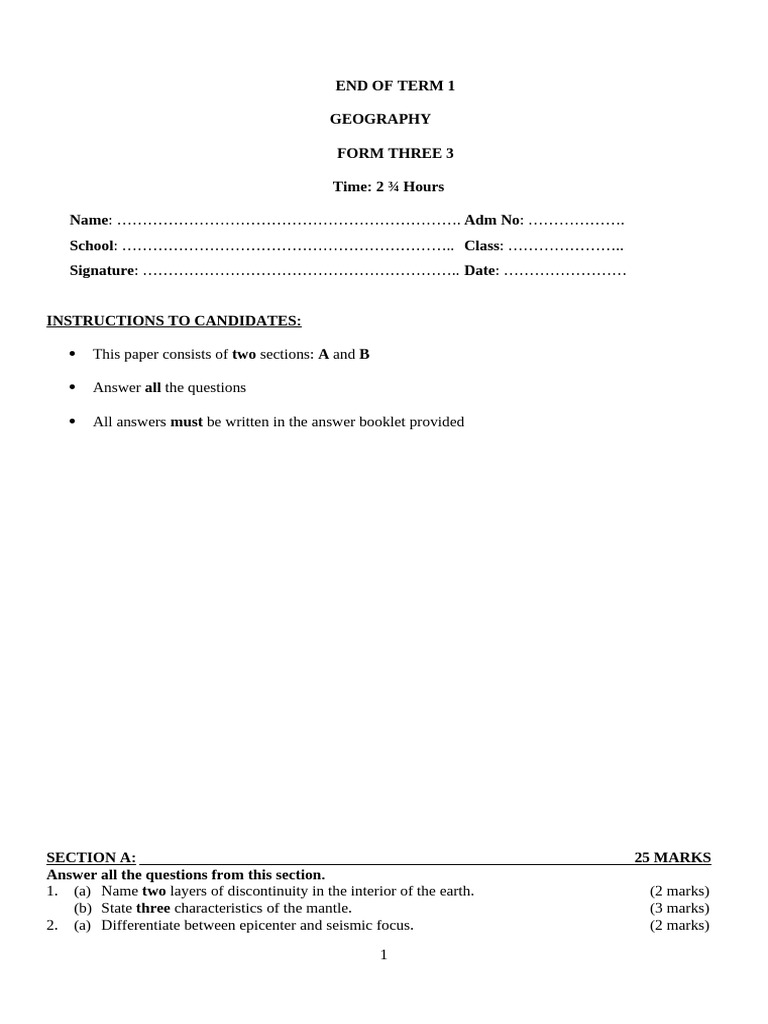 Geography Exam Paper for Form Three | PDF | Seismology | Geophysics
