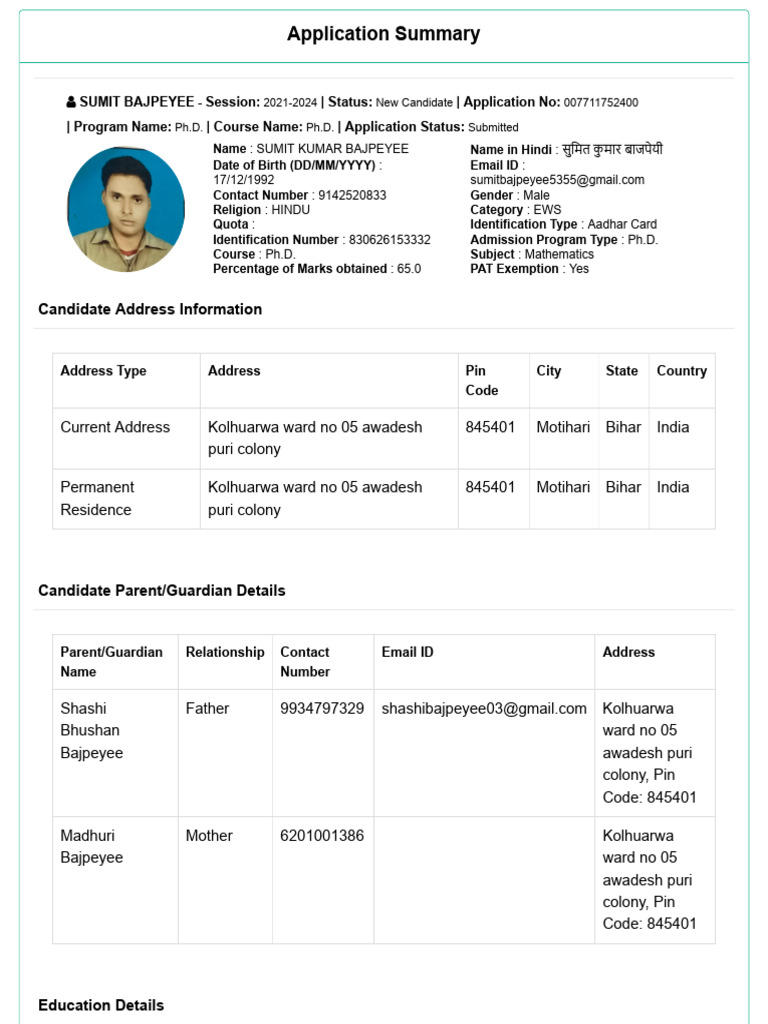 BRABU Ph.D. Application Summary | PDF | Doctor Of Philosophy | Identity ...