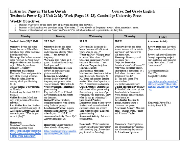 2nd Grade English: Weekly Lesson Plan | PDF | Cognition | Behavior ...