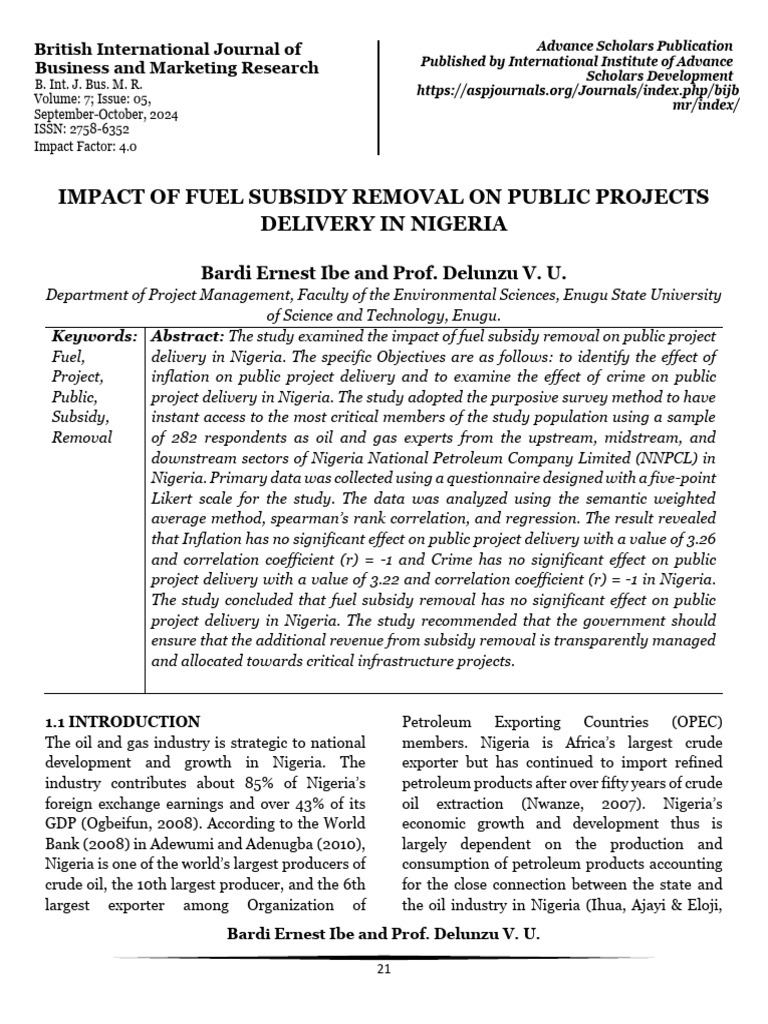 Impact of Fuel Subsidy Removal On Public Projects Delivery in Nigeria ...