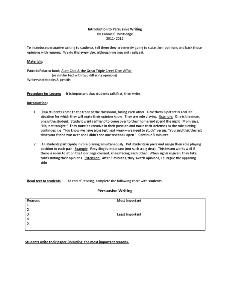Introduction to Persuasive Writing Lesson | PDF | Language Arts ...