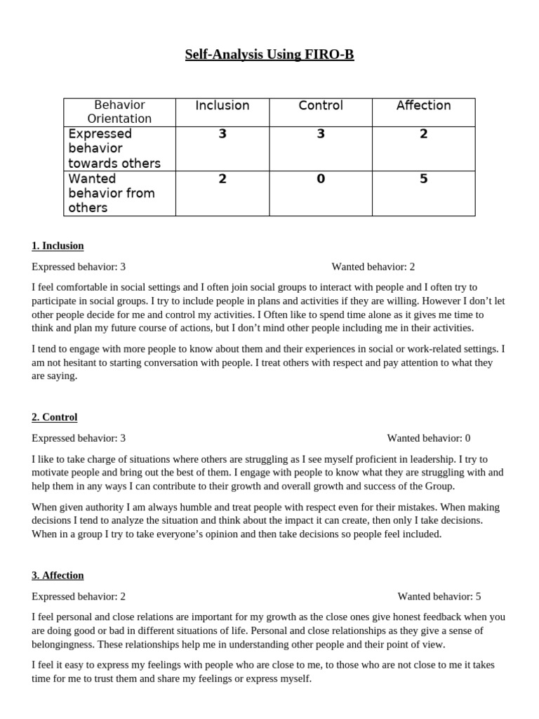 FIRO-B Self-Analysis for Personal Growth | PDF | Cognitive Science ...