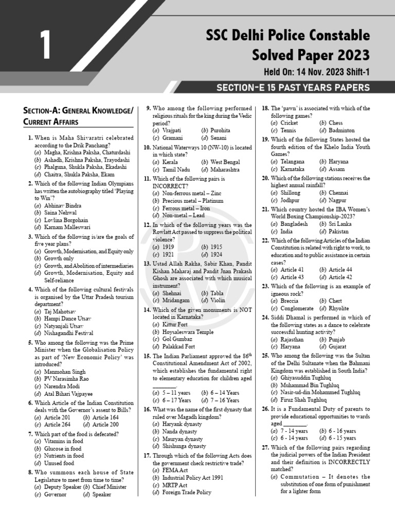 Delhi Police Constable Exam Paper 2023 | PDF | Microsoft Word ...