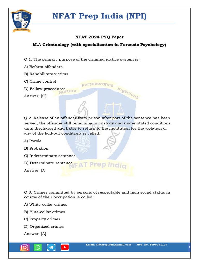 NFAT 2024 Criminology PYQ Paper | PDF | Crimes | Crime & Violence