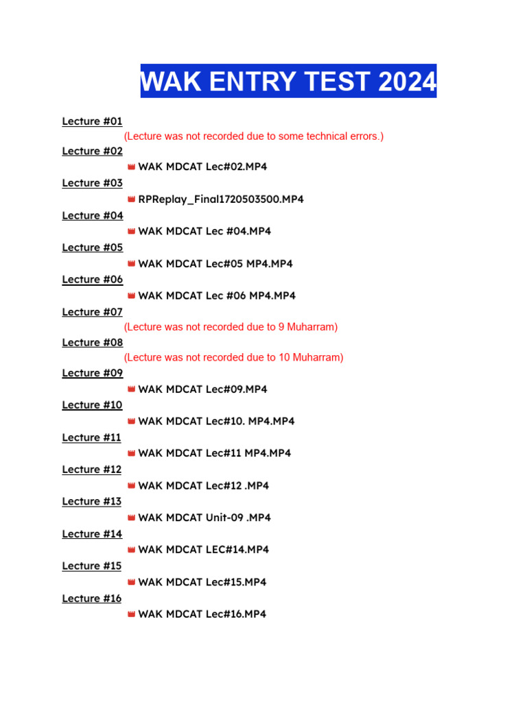 WAK MDCAT 2024 Lecture & Test Resources | PDF