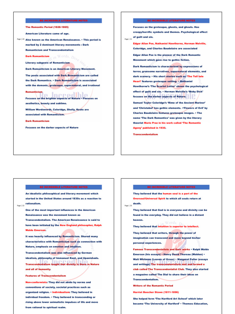 The Romantic Period (1828-1865) : Be Incredible Literature Notes Be ...