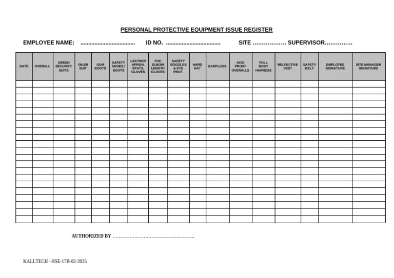 PPE Issue Register Template | PDF