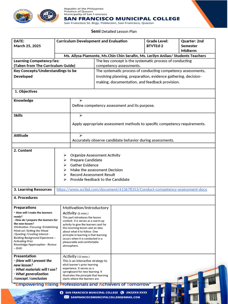 Competency Assessment Lesson Plan | PDF | Educational Assessment | Learning