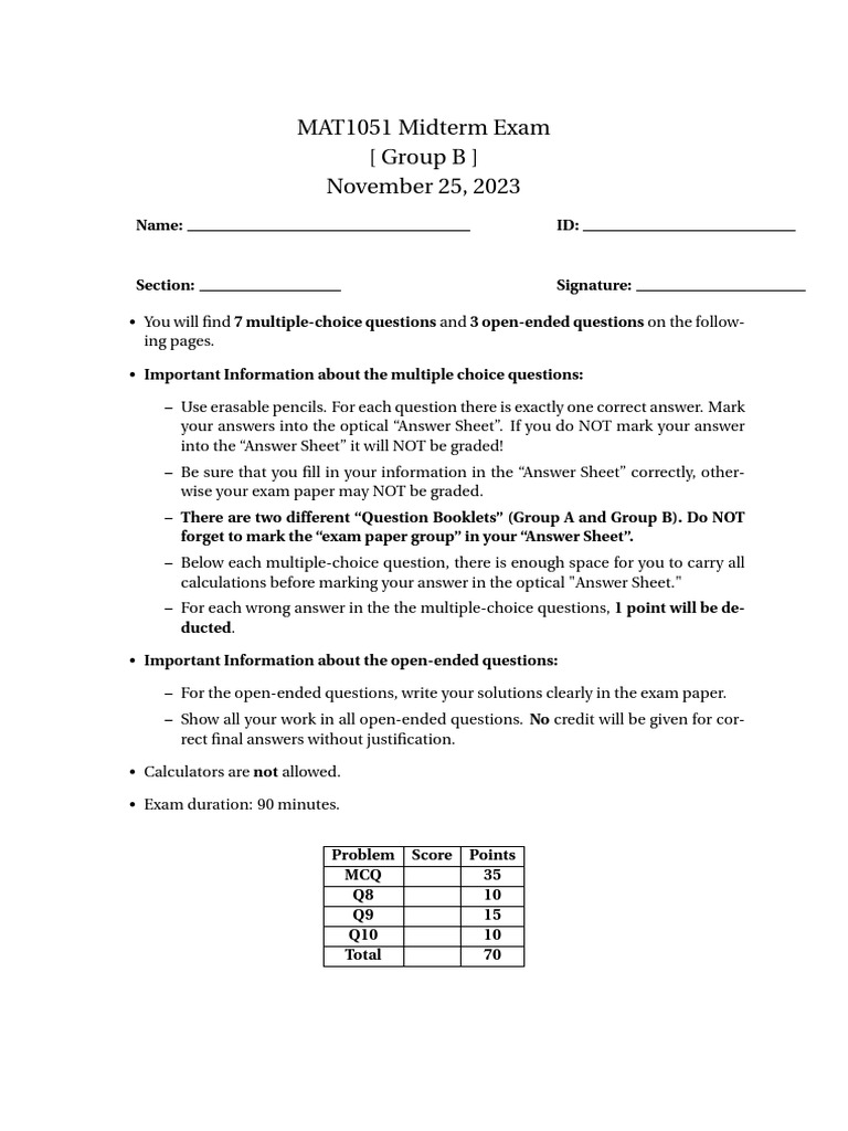 MAT1051 Midterm Exam Guide 2023 | PDF | Multiple Choice | Tests