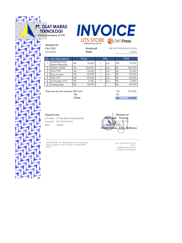 Invoice To:: No - Item Description Price Qty. Total | PDF