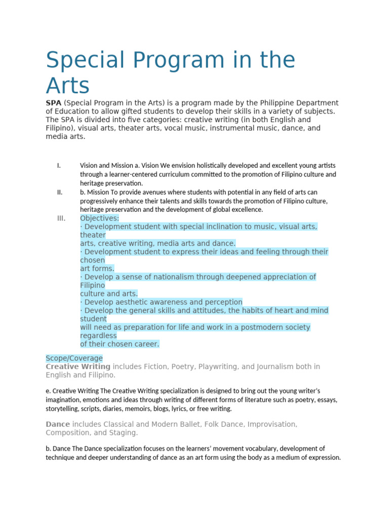 Special Program in the Arts Overview | PDF | The Arts | Theatre