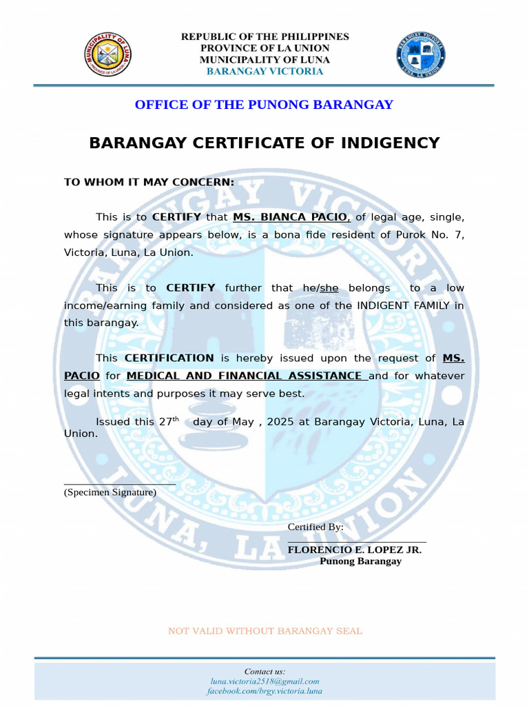 Barangay Certificate of Indigency | PDF