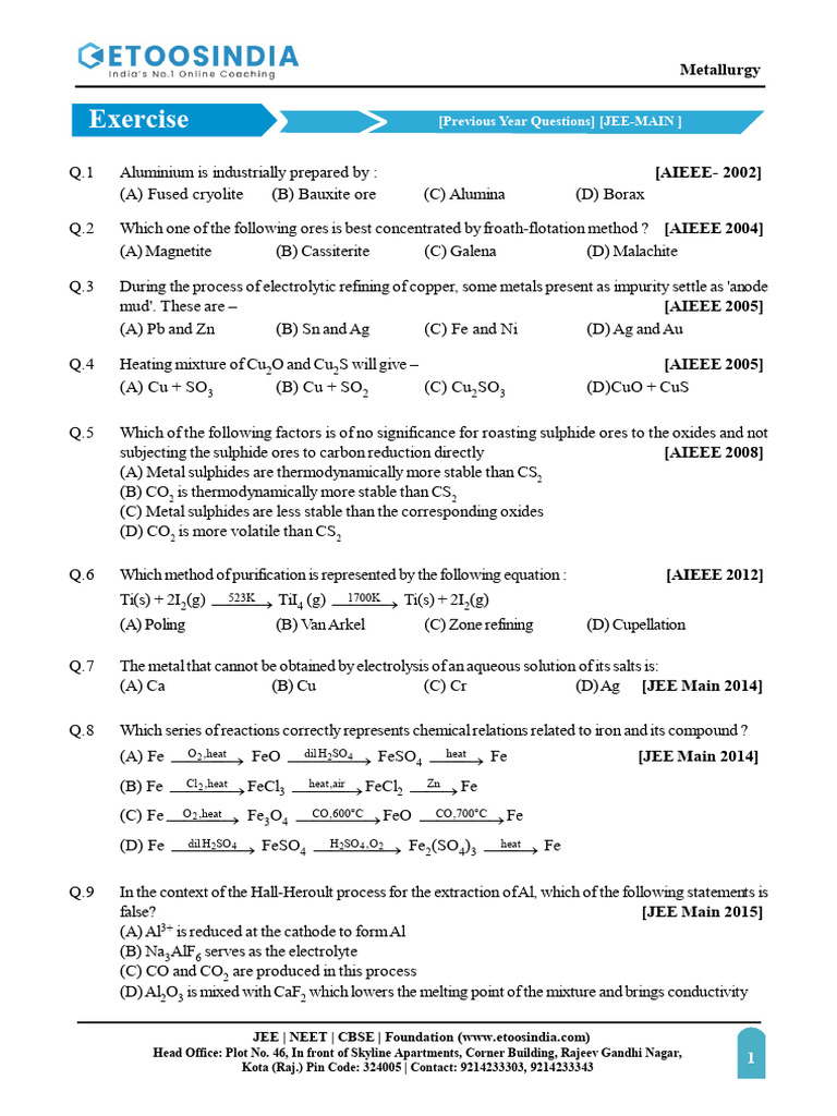 Metallurgy Exam Questions for JEE/NEET | PDF | Iron | Zinc