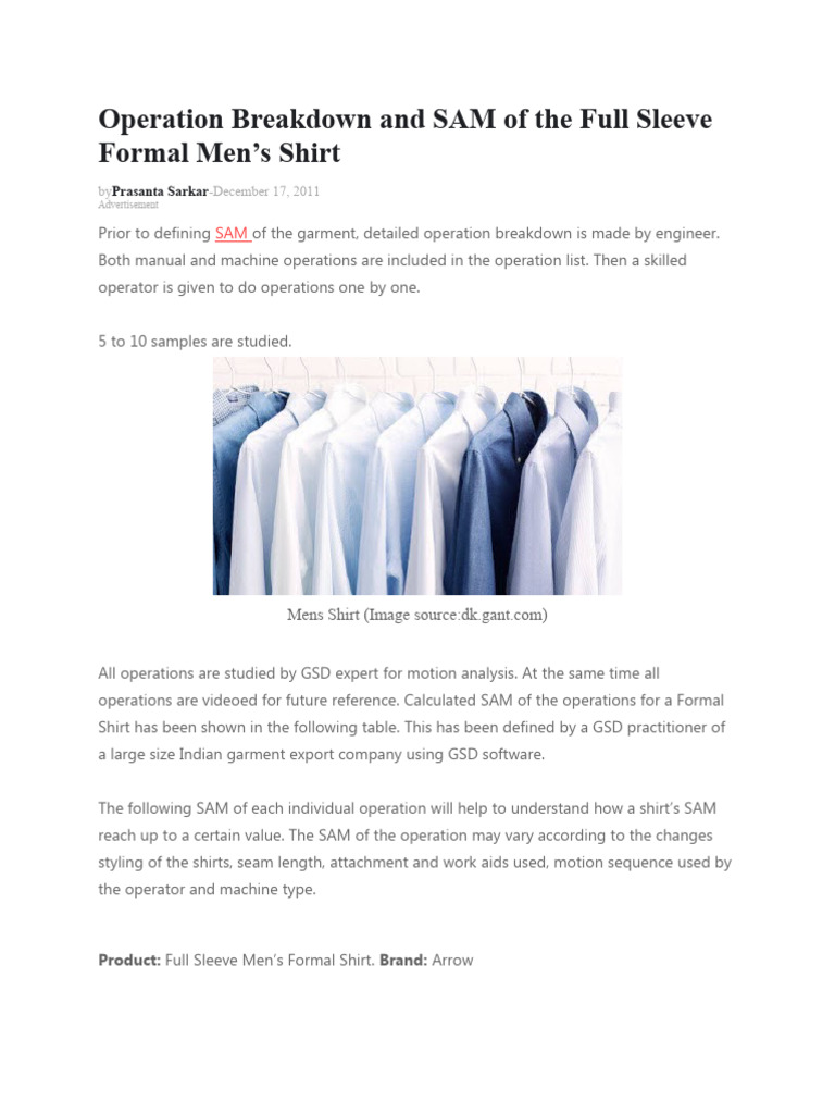 SAM Analysis for Men's Shirt Production | PDF | Sewing Machine | Seam ...