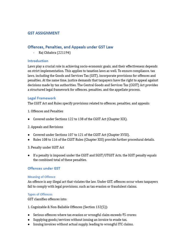 Raj Chhabra (221194) - GST Assignment | PDF | Taxes | Tax Noncompliance