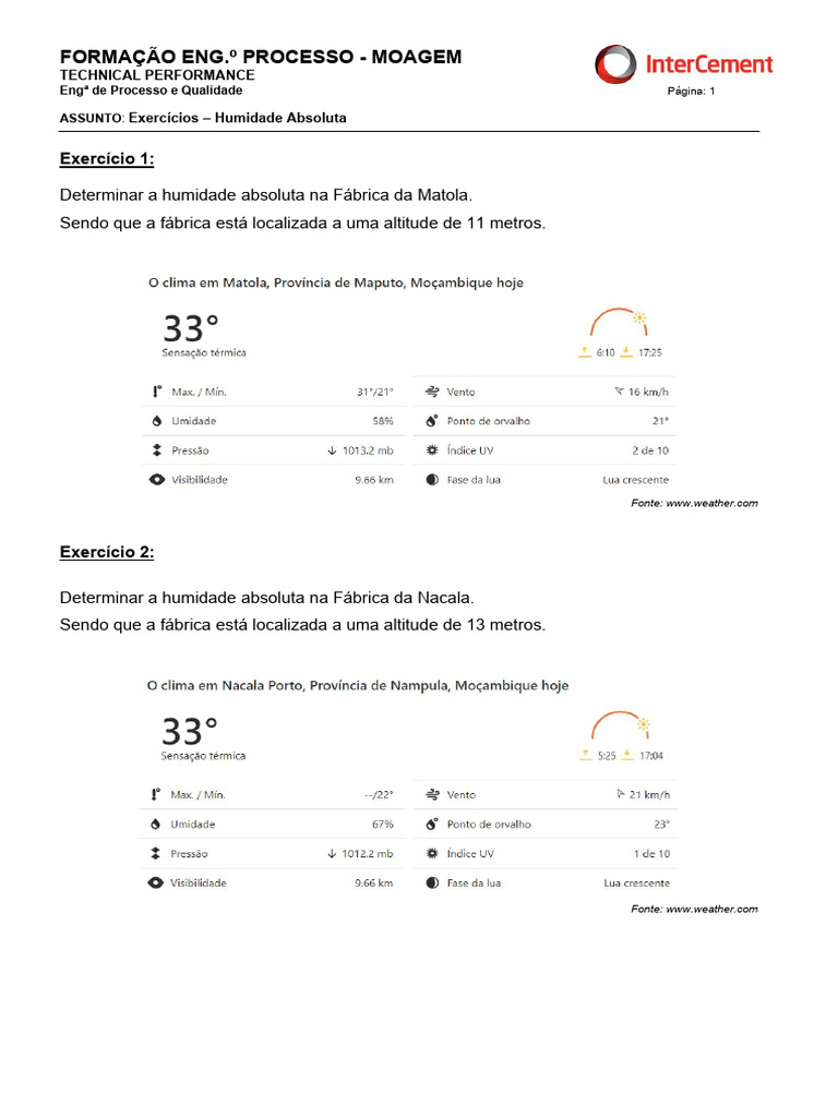 Cálculo de Humidade Absoluta em Fábricas | PDF