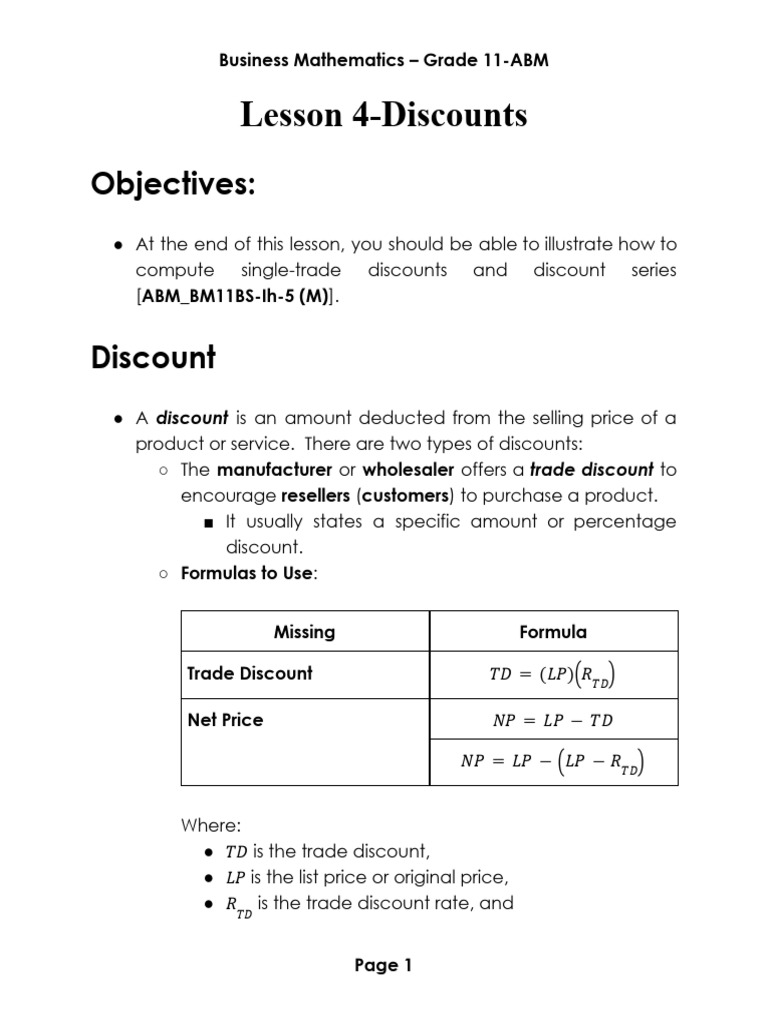 Grade 11 Business Math: Discounts Explained | PDF