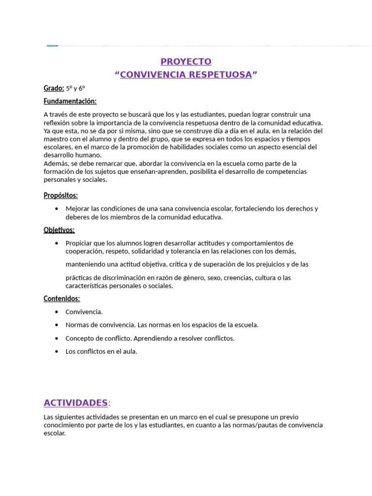 Proyecto de Convivencia Respetuosa Escolar | PDF | Salón de clases ...