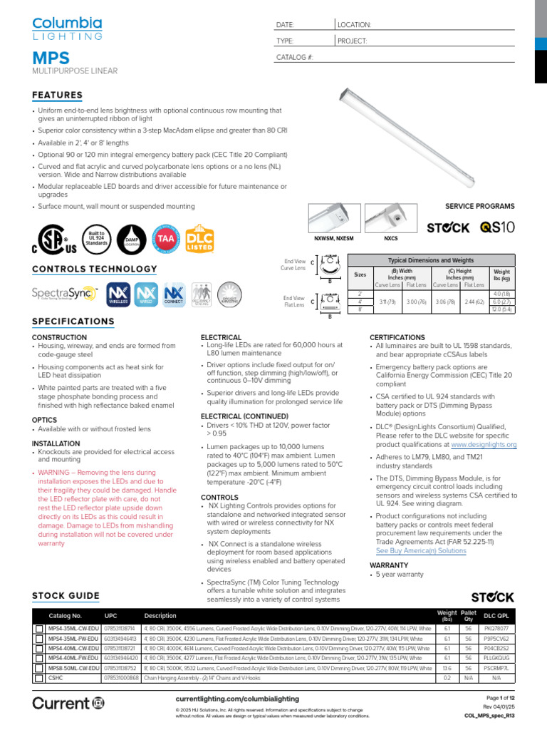 Columbia MPS Lighting Specifications | PDF | Light Emitting Diode ...