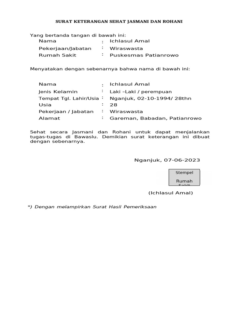 Surat Keterangan Sehat Jasmani Rohani | PDF