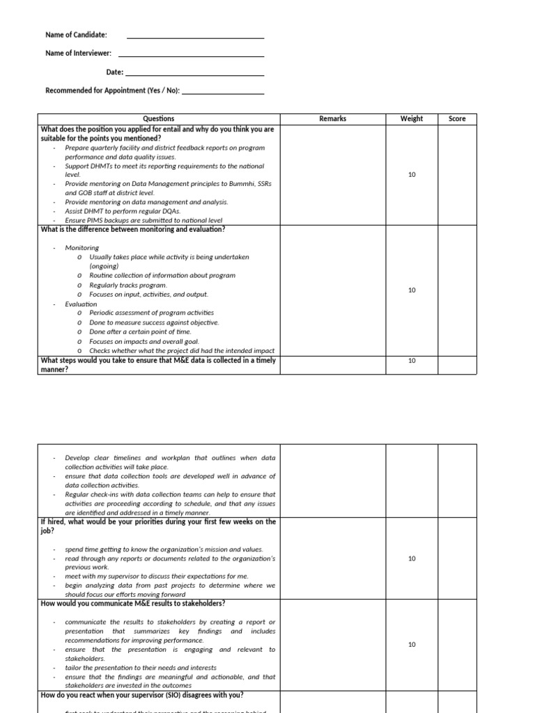 M&E Interview Questions and Responses | PDF | Data Analysis | Evaluation