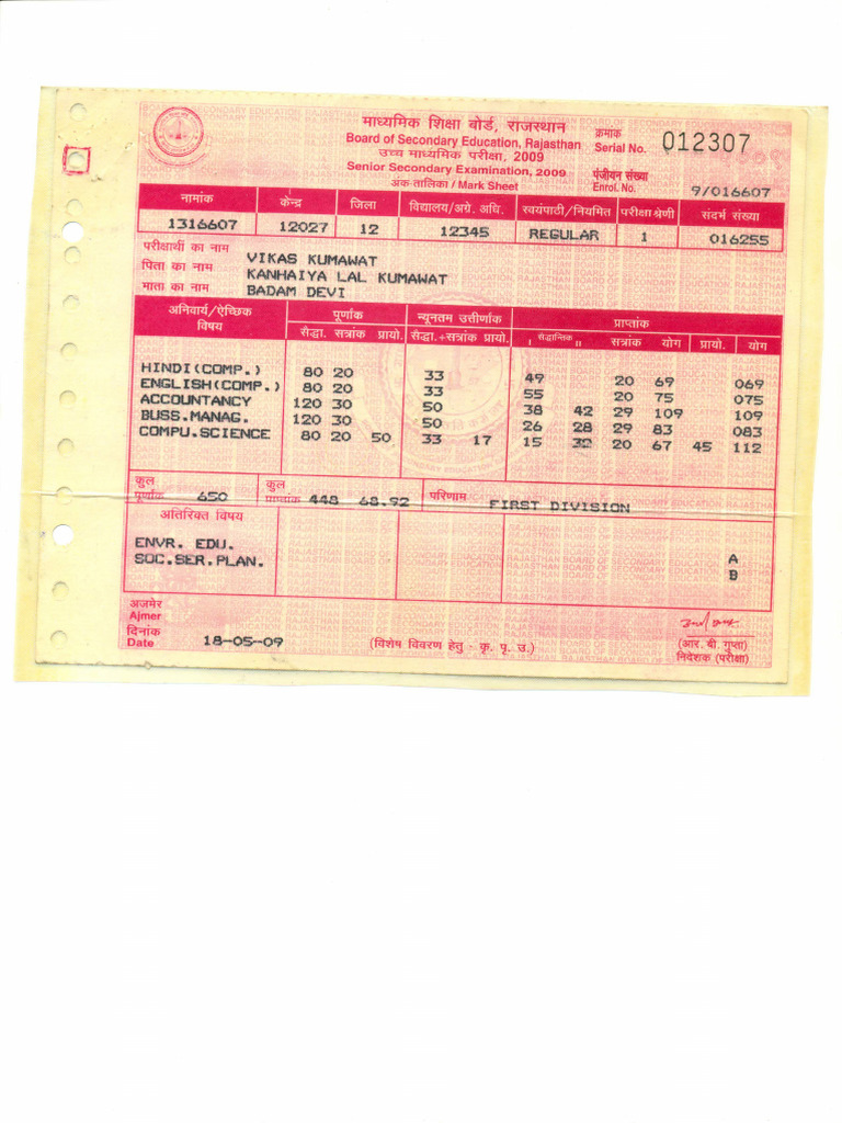 Sen Sec Marksheet | PDF