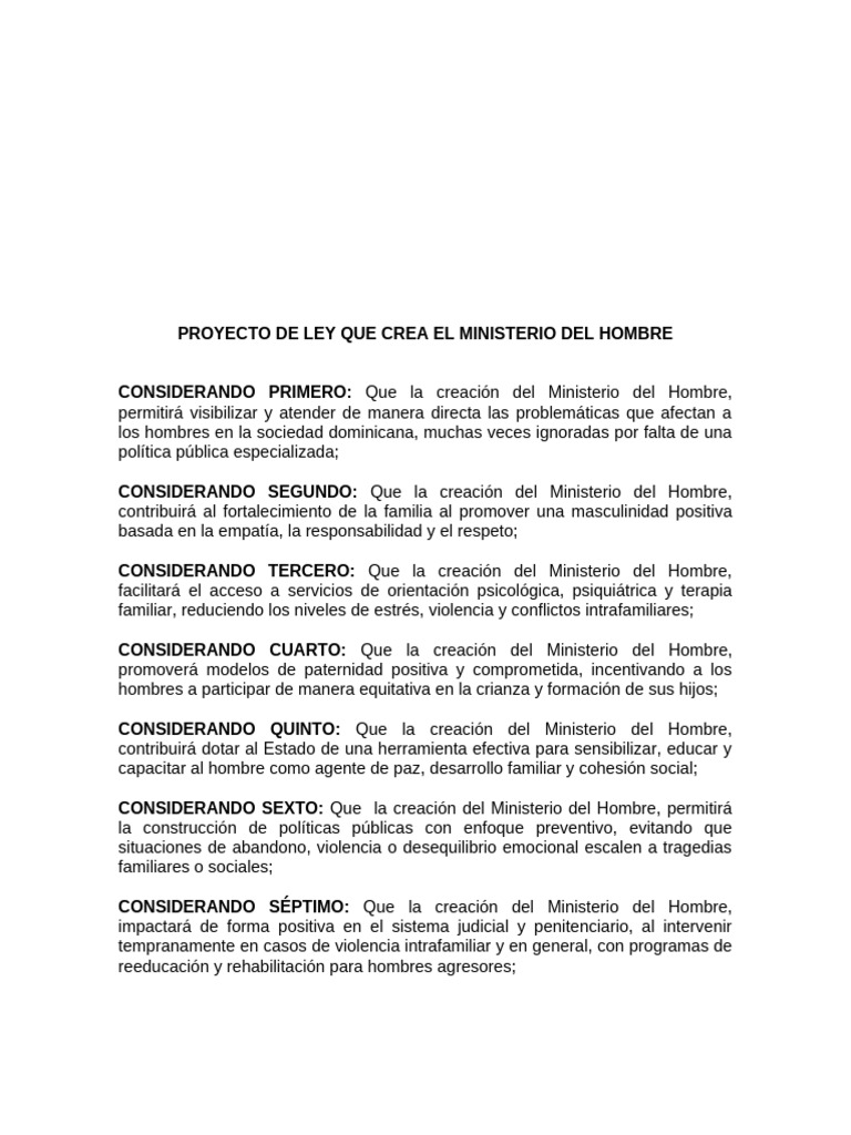 Proyecto de Ley Que Crea El Ministerio Del Hombre, Diputada Altagracia ...