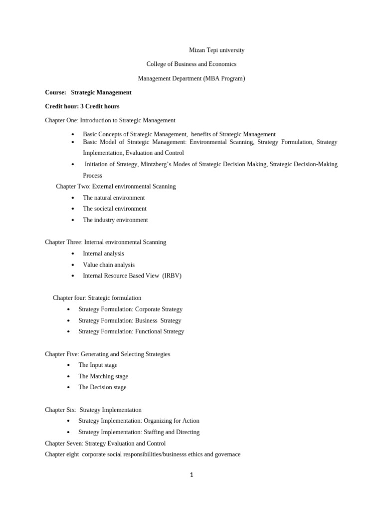 Course Outline Strategic Management | PDF