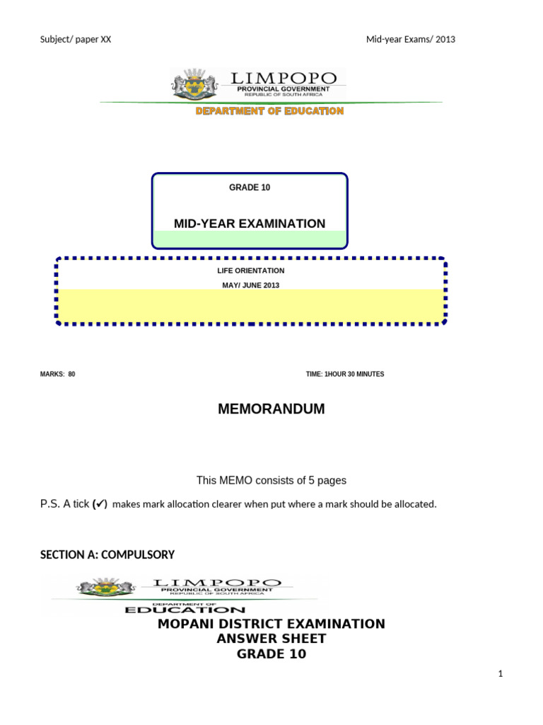Grade 10 Life Orientation Exam Memo | PDF