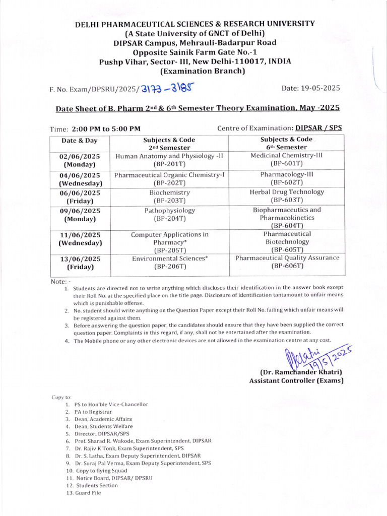 Datesheet - 2nd and 6th Sem B. Pharm | PDF | Pharmacy | Pharmaceutical ...