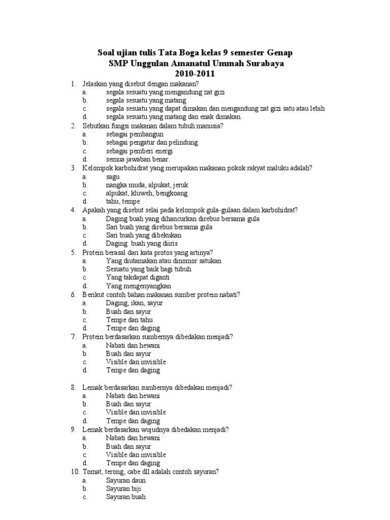 Soal essay tata boga kelas 9 image