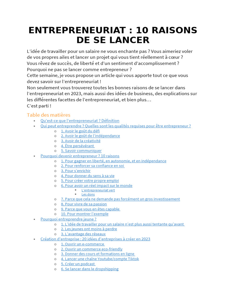 10 Raisons de Devenir Entrepreneur | PDF | Entrepreneuriat | Business