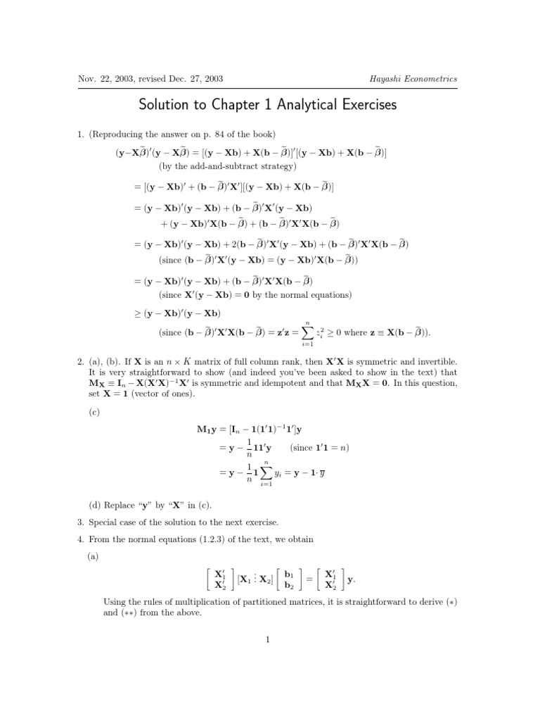 Solution To Chapter 1 Analytical Exercises | PDF | Ordinary Least ...