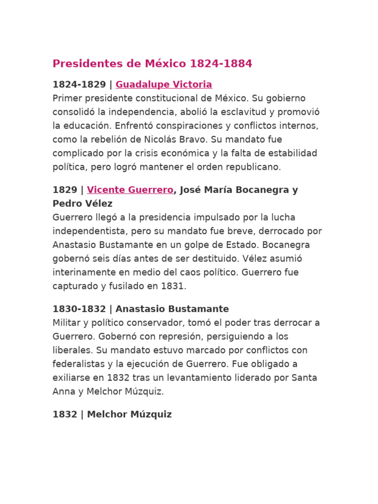 Presidentes de México (1824-1884) | PDF | Gobierno | Jefes de Estado ...