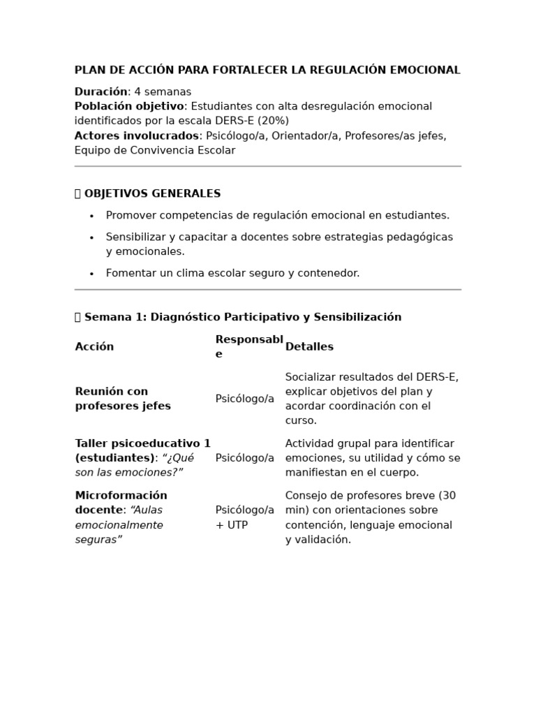 Plan de Acción para Fortalecer La Regulación Emocional | PDF | Las ...