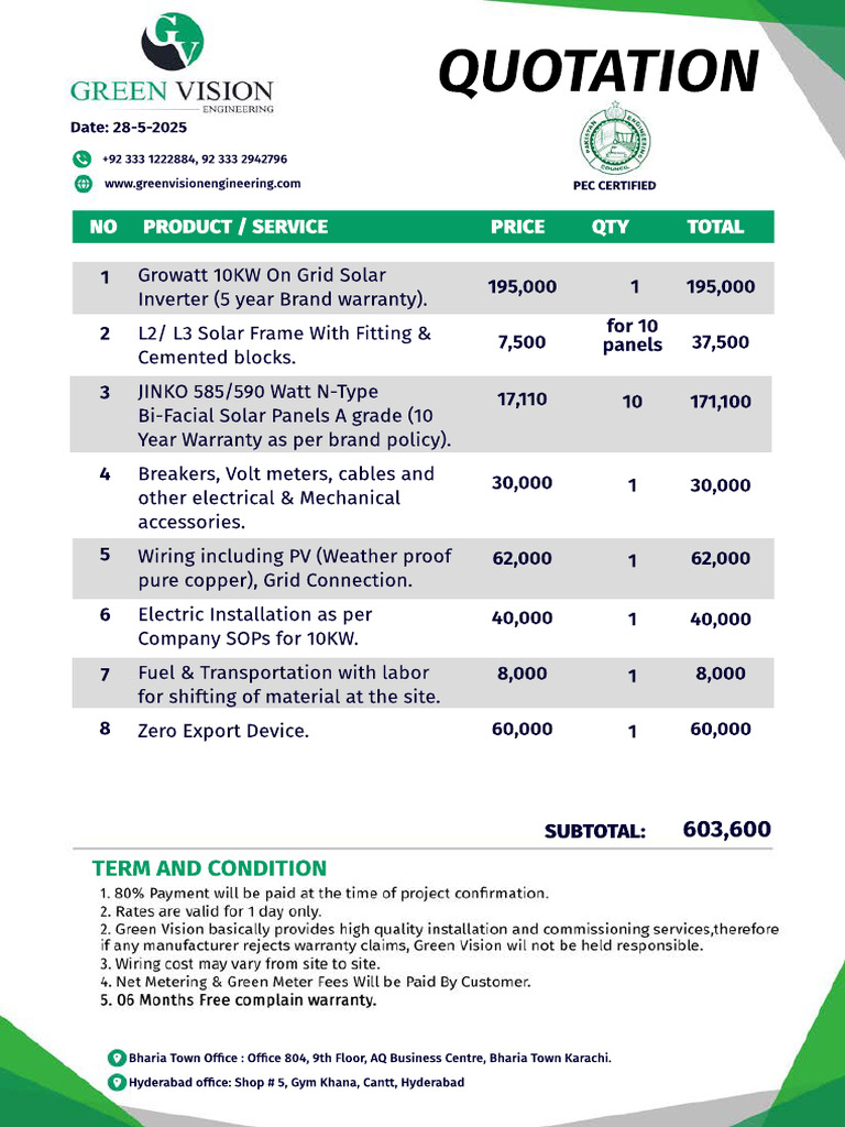 Green Vision Quotation 5kw Growatt On Grid Bharia Town | PDF