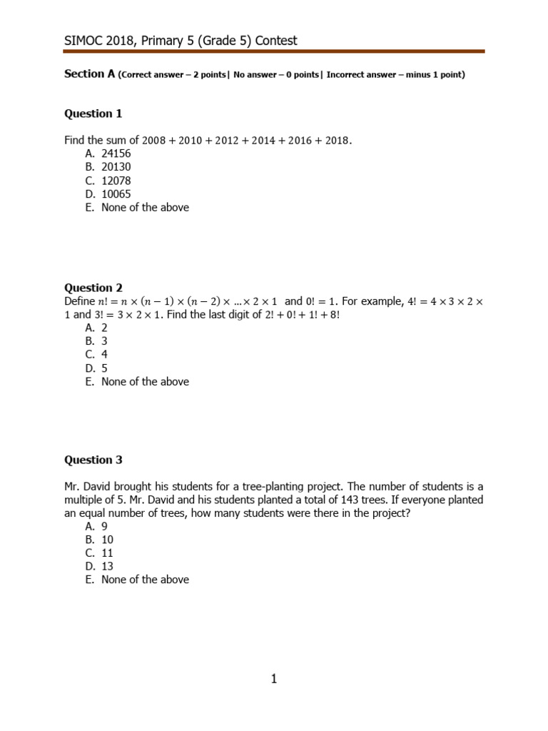 SIMOC 2018, Primary 5 (Grade 5) Contest | PDF | Arithmetic | Elementary ...