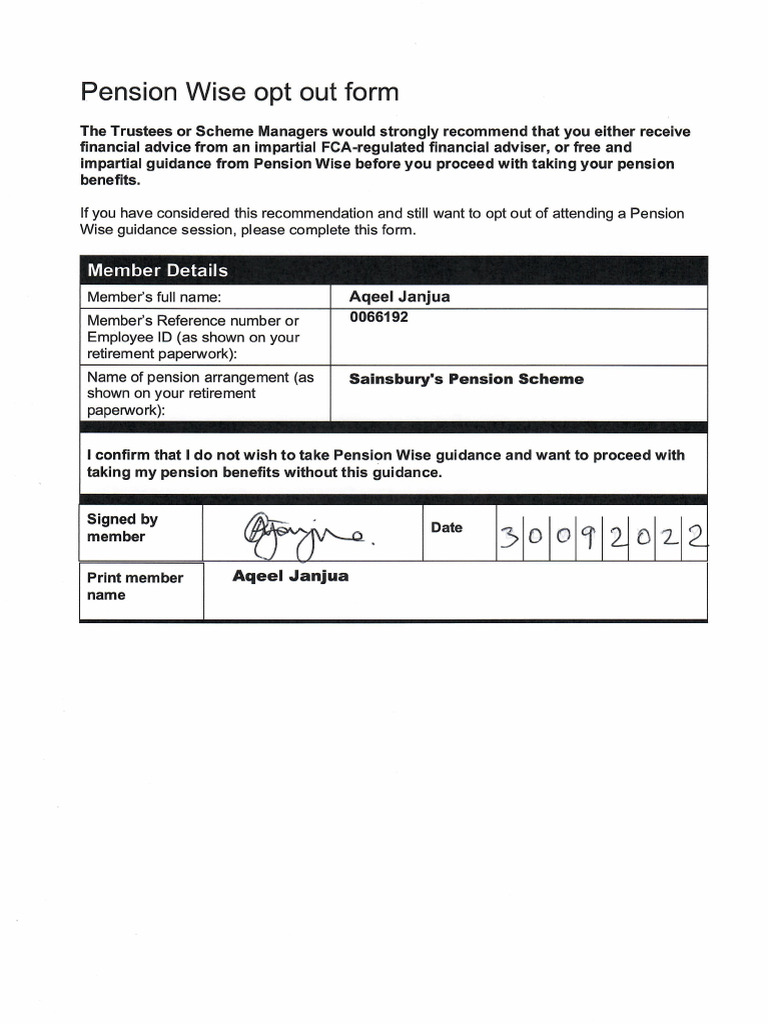 Pension Wise Opt Out Form (Completed) | PDF