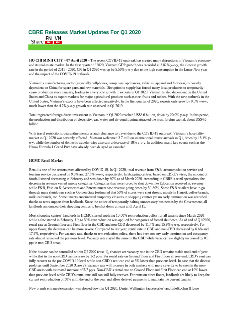 CBRE Q1 2020 Market Update: Vietnam | PDF | Landlord | Renting