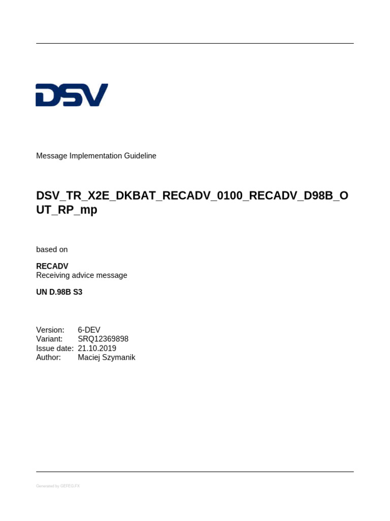 DSV TR X2E DKBAT RECADV 0100 RECADV D98B OUT RP MP 6-DEV SRQ12369898 ...