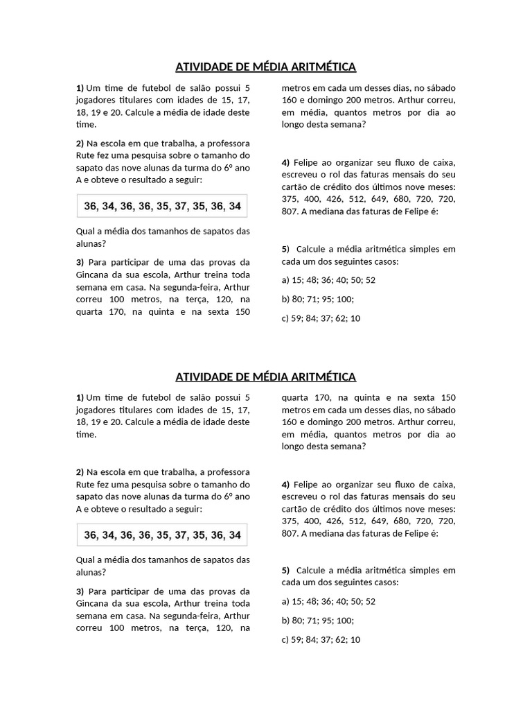 Atividade de Média Aritmética | PDF